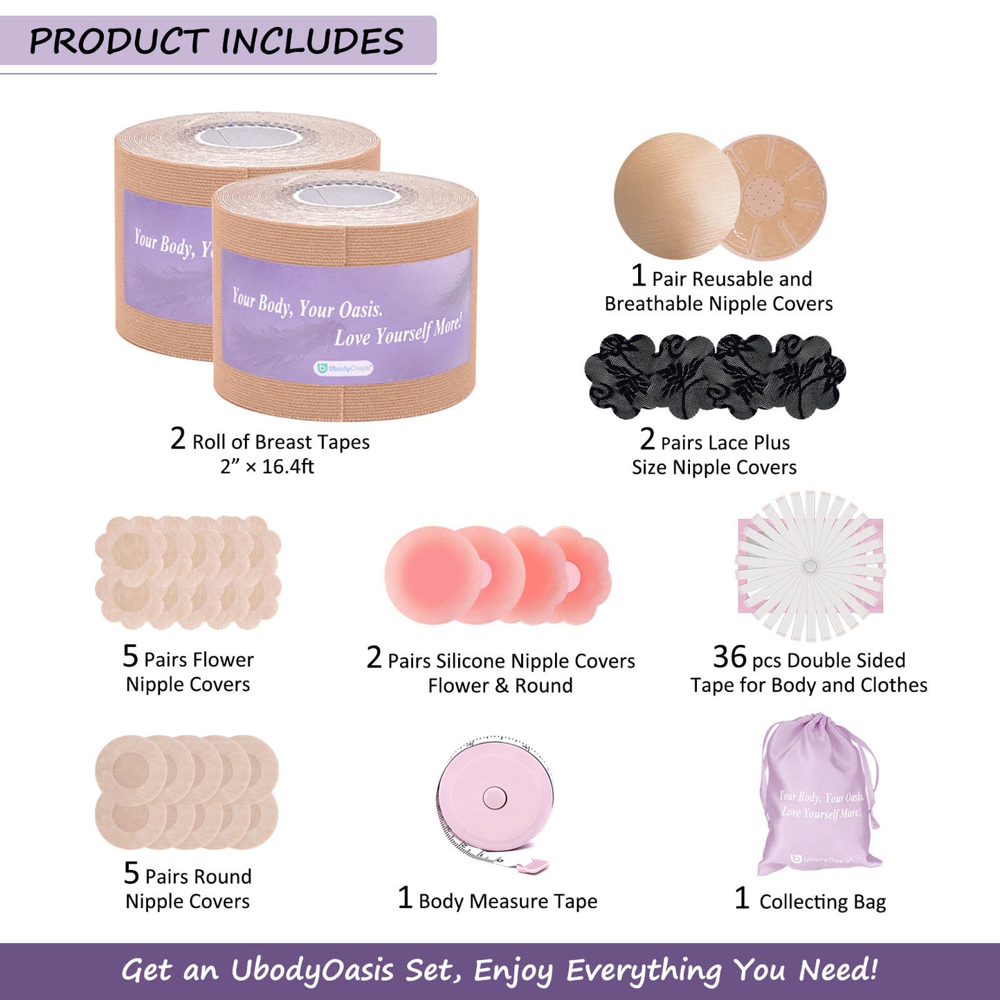 UbodyOasis Boob Tape Set - Boobytape for Breast Lift and Nipple Covers for Women - Instant Lifting Boobytape for Breast Lift Plus Size and Good Lines Boobytape